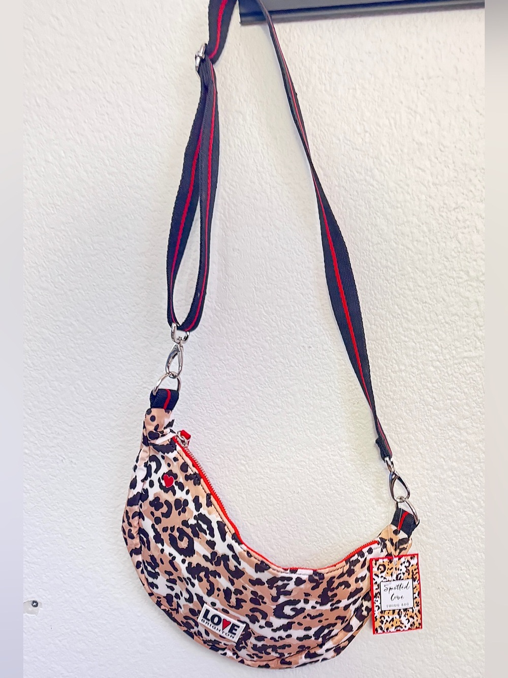 Brighton Leopard Print Crescent Crossbody Belly Bag with Red Trim